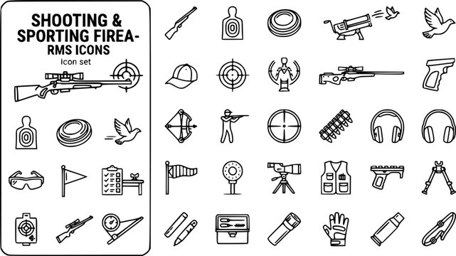 Shooting Sporting Firearms Outline Icon Set Target Silhouette Clay Pigeon Skeet Launcher Sporting Rifle Pistol Grip Archery Bow Shooting Stance Scope Ear Protection Safety Glasses Range Flag 25 Icons 