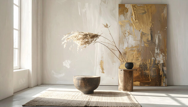 Elegant abstract painting and dry reeds in a minimalist interior