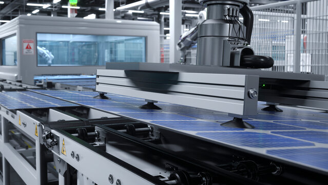 Solar panel placed on conveyor belt, polished by automatized machinery unit, moving around facility. Photovoltaic cells manufactured in cutting edge eco friendly warehouse, 3D render.
