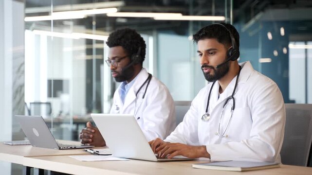 Two doctors wearing headsets sitting at desk using laptops in hospital office. Multiethnic male medical professionals consulting patients by video call, providing online healthcare support in clinic