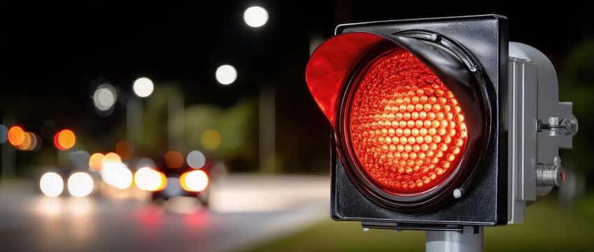 Red traffic light stands strong at night showing clear signals to stop for cars on busy road