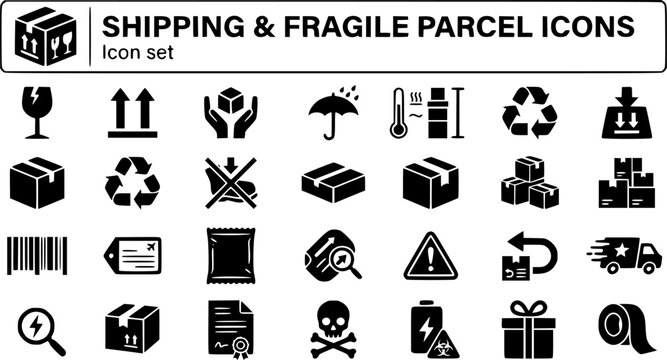 Shipping Fragile Parcel Silhouette Icon Set Fragile This Way Up Handle Care Keep Dry Temperature Stack Limit Recyclable Heavy Do Not Crush Package Barcode 25 Icons Editable Strokes Flat Vector