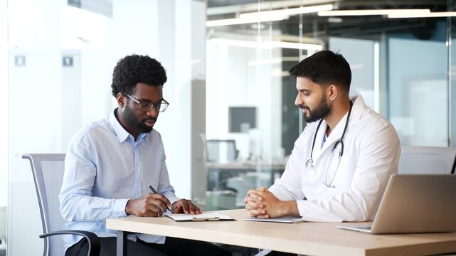 Patient signing document at desk while doctor in white coat explains details and shakes hand after agreement. Multiethnic men confirming partnership and cooperation in bright modern hospital office.