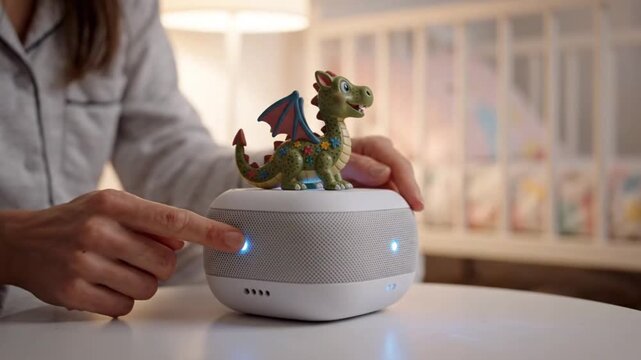 A woman interacts with a smart speaker video, placing a small toy dinosaur on top of the device.