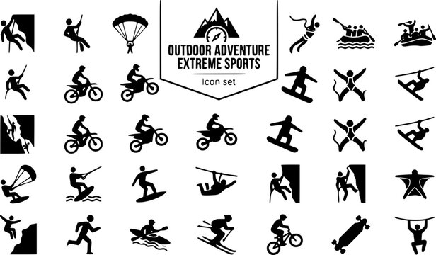 Outdoor Adventure Extreme Sports Silhouette Icon Set Rock Climbing Paragliding Bungee Jump Rafting Mountain Biking Motocross Snowboarding Base Jumping Kitesurfing 25 Icons Editable Strokes Flat Vector