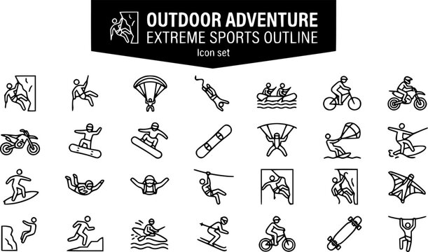 Outdoor Adventure Extreme Sports Outline Icon Set Rock Climbing Paragliding Bungee Rafting Mountain Biking Motocross Snowboarding Base Jumping Kitesurfing Surfing Skydiving 25 Icons Editable Strokes 