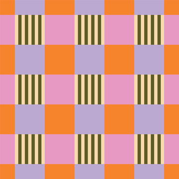 Colour block grid seamless repeat with embedded fine stripe details. Graphic surface design with a woven textile feel and retro mid-century sensibility.