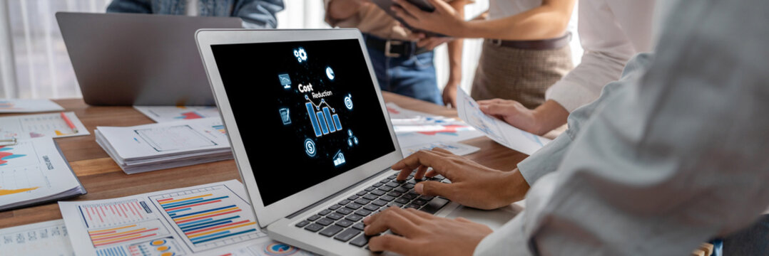 Cost reduction, cost saving concept shown on computer screen brisk, corporate business efficiently save cost and company resources by reduction of unnecessary expenses