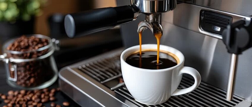 Brewing coffee at home using an espresso machine with fresh coffee beans in the morning