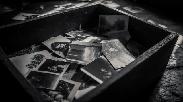 Close view of a wooden box filled with old black and white family photographs in dim attic light evoking nostalgia and faded memory
