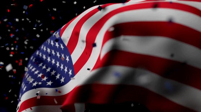 Slow motion waving United States of America flag with falling red white and blue confetti on a dark black background.