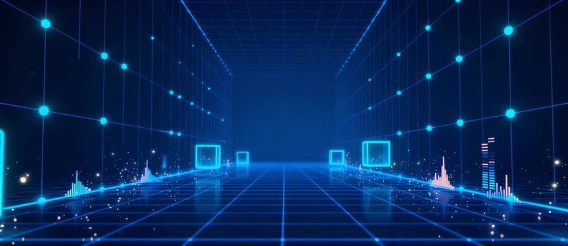 Futuristic Blue Digital Abstract Background with Glowing Particles and Grid Motion