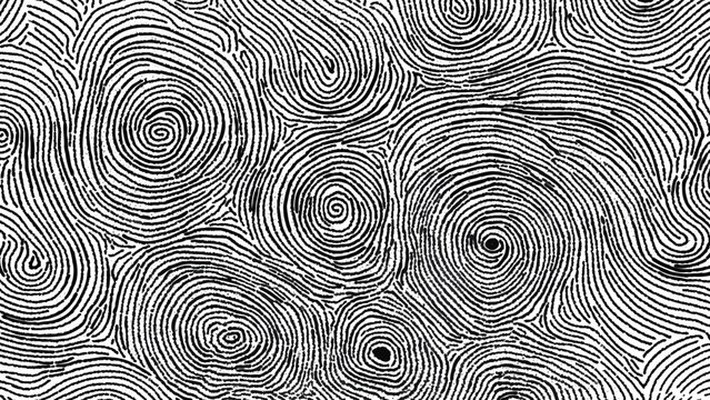 abstract black swirling line pattern on white background with circular vortex shapes creating intricate textured artistic design