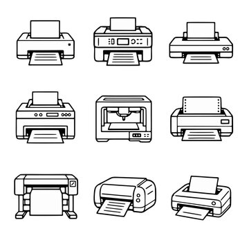 black and white line art illustration of various printer designs