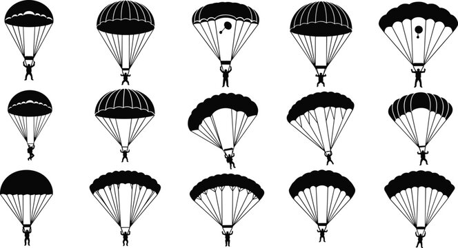 Professional Parachuting Silhouette Vector Set Featuring Skydivers and Diverse Parachute Shapes for Extreme Sports and Adventure Branding
