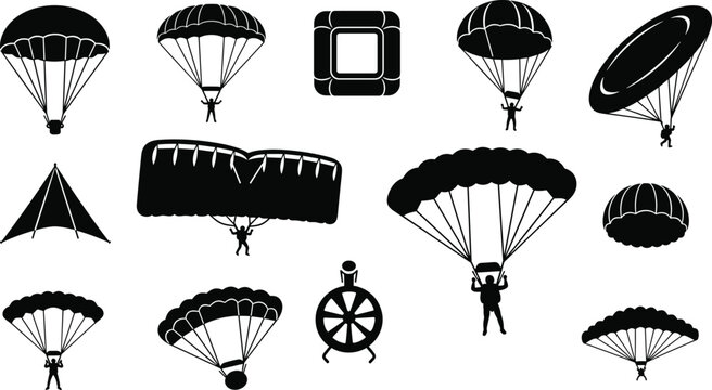 Professional Parachuting and Paragliding Silhouette Vector Set Featuring Skydivers and Extreme Sports Icons for Adventure and Tourism Branding
