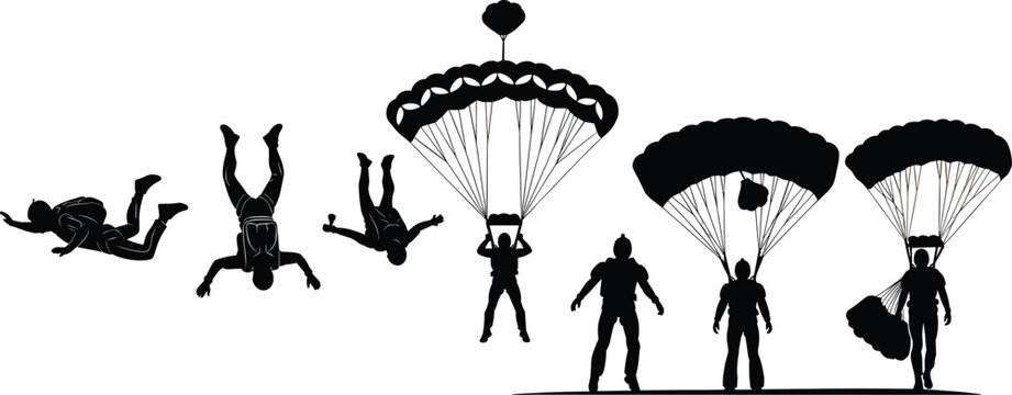 Professional Skydiving and Parachuting Silhouette Vector Set Featuring Skydivers in Free Fall and Parachute Landing for Extreme Sports Branding