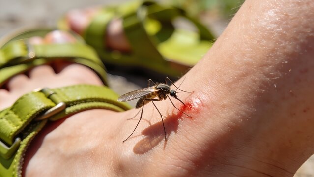Macro shot of a small mosquito biting human skin on the ankle creating a red irritated bump in bright sunlight during a warm summer day