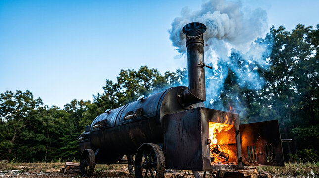 Large metal offset smoker with firebox burning wood logs for barbecue meat cooking. Outdoor smoke barbecue grill in backyard garden. Professional wood fuel grilling and smoking food technique.