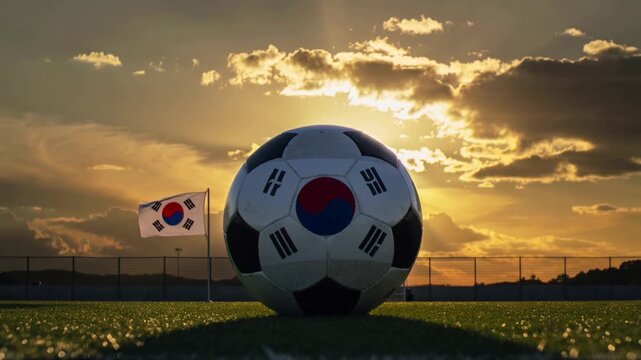 South korean patterned soccer ball on field at sunset. 4K Video