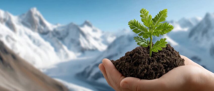 Planting a tree in the mountains on a sunny day to promote environmental care and conservation efforts while appreciating nature's beauty