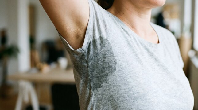 Woman with sweaty armpit and gray tshirt in indoor setting