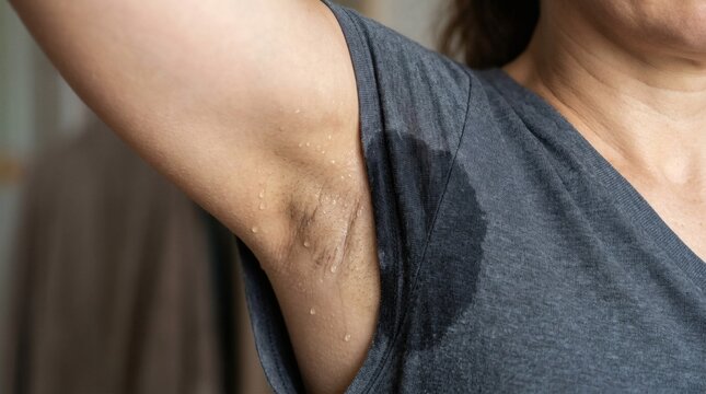 Closeup of a sweaty armpit with droplets of sweat on the skin and a dark gray tshirt