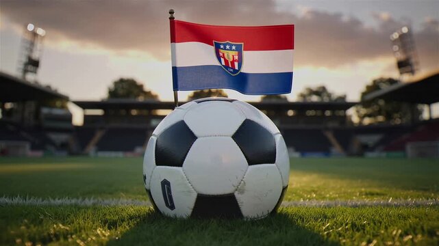 Soccer ball and serbian flag on stadium field at golden hour. 4K Video