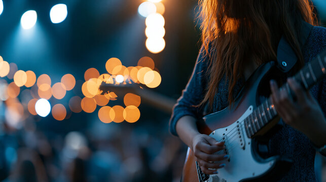 Faceless long-haired guitarist performing on stage, fingers pressing chords on the neck of an electric guitar, defocused stage lights and crowd in background, rock concert energy,