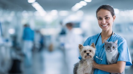 veterinary care center, veterinarian holding a dog, a cat sits nearby, elegant clinic interior, premium medical technology, space for marketing copy, professional healthcare branding
