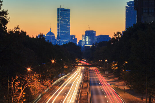 Storrow Drive at dawn with skyline in background
