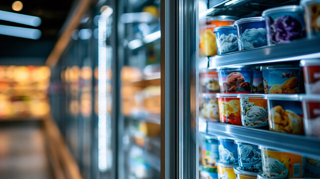 Grocery store frozen foods section side view showing glass freezer doors lined with frozen treat pints and ice cream varieties, colorful packaging visible through frosted glass,