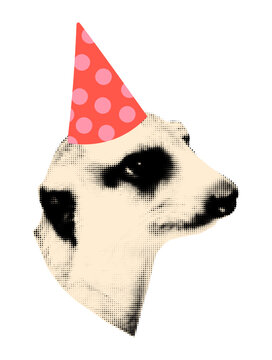 Halftone meerkat wearing doodle birthday hat. element for collage Animal head vintage dotted sticker, funny clipping shape for collage and scrapbook Modern retro grunge mixed media vector illustration