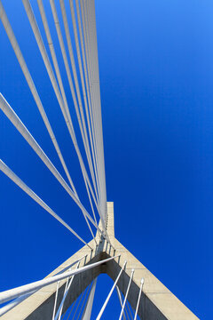 Detail of the cabling and tower on the bridge, Leonard P. Zakim Bunker Hill Memorial Bridge
