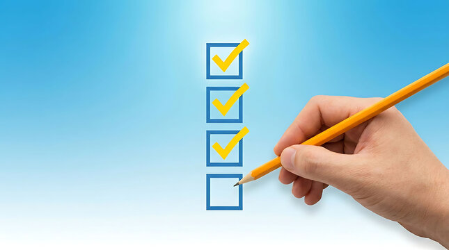 Hand holding pencil checking boxes with yellow checkmarks on blue background