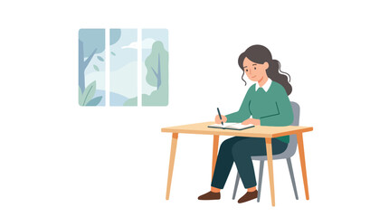 Fototapeta premium A young woman sits at a wooden desk writing in her journal, positioned near a window that looks out onto a serene park landscape.
