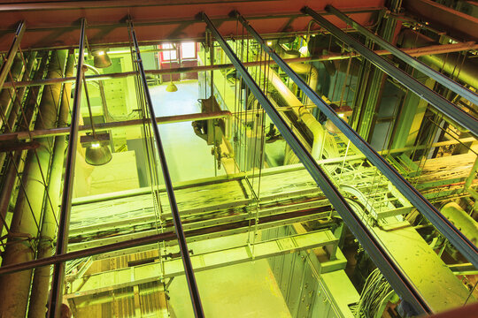 Power station control panels and cable troughs at electric power plant