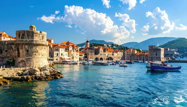 Historic Harbor Cityscape with Fortified Tower.