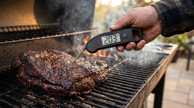 Man using meat thermometer to check internal temperature of brisket on sizzling smoke grill. Outdoor cooking process for barbecue party. Culinary technique for perfect smoky food.