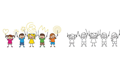Fototapeta premium Set of Happy Diverse Children Holding Sparklers Creating Light Painting Shapes like Hearts and Stars, Including Color Illustration and Black and White Outline Coloring Page Version