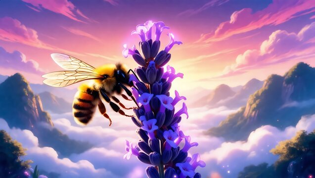Bee pollinating a purple lavender flower during a mountain sunset