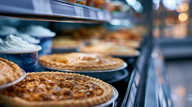 Grocery store frozen pies and whipped topping section behind glass freezer doors, holiday baking essentials neatly arranged, defocused frozen aisle in background, frozen dessert
