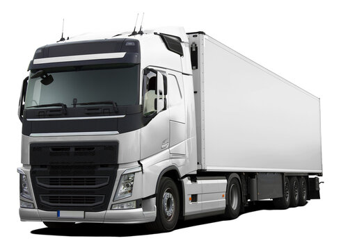 A modern European truck with a cab and semi-trailer in full white. Front side view isolated on white background.
