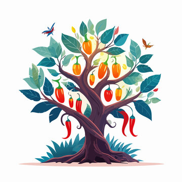 Vibrant chili pepper tree brimming with ripe red and orange peppers, symbolizing abundance and flavor