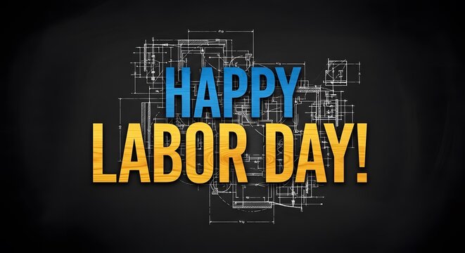 Happy labor day text with blueprint background
