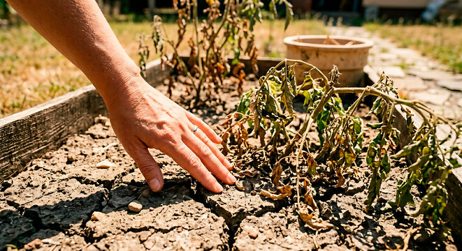 Dry Garden During Drought: a hand touching dry cracked soil and wilted plants in a backyard garden, drought and climate change, dying plants suffering from extreme drought, lack of watering in summer