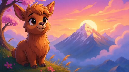 Naklejka premium Cute fluffy fantasy creature sitting on a grassy hill at sunset