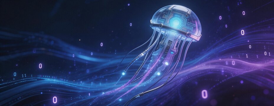 A luminous jellyfish drifts through a digital ocean, its bioluminescent glow illuminating flowing streams of data and abstract binary code, symbolizing the fusion of nature and technology.