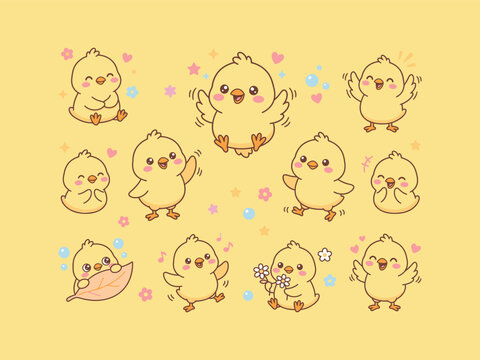 Cute cartoon chick characters various poses.