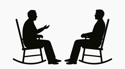 Fototapeta premium Two men silhouettes sitting in rocking chairs facing each other in conversation or discussion on a white background